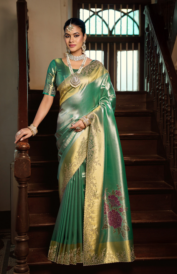 Jarkan Glow Tissue Silk Saree For Festive Wear