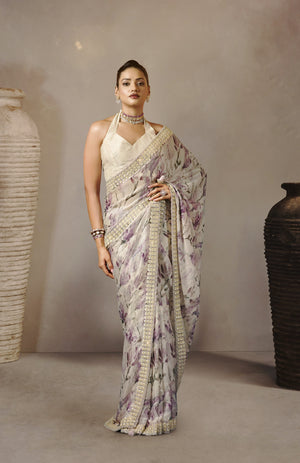 Shiny Beads Satin Saree For Festive Wear