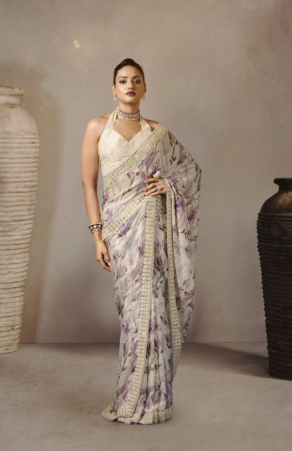 Shiny Beads Satin Saree For Festive Wear