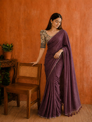 Soft cotton saree with plain body and fancy Kalamkari print contrast blouse