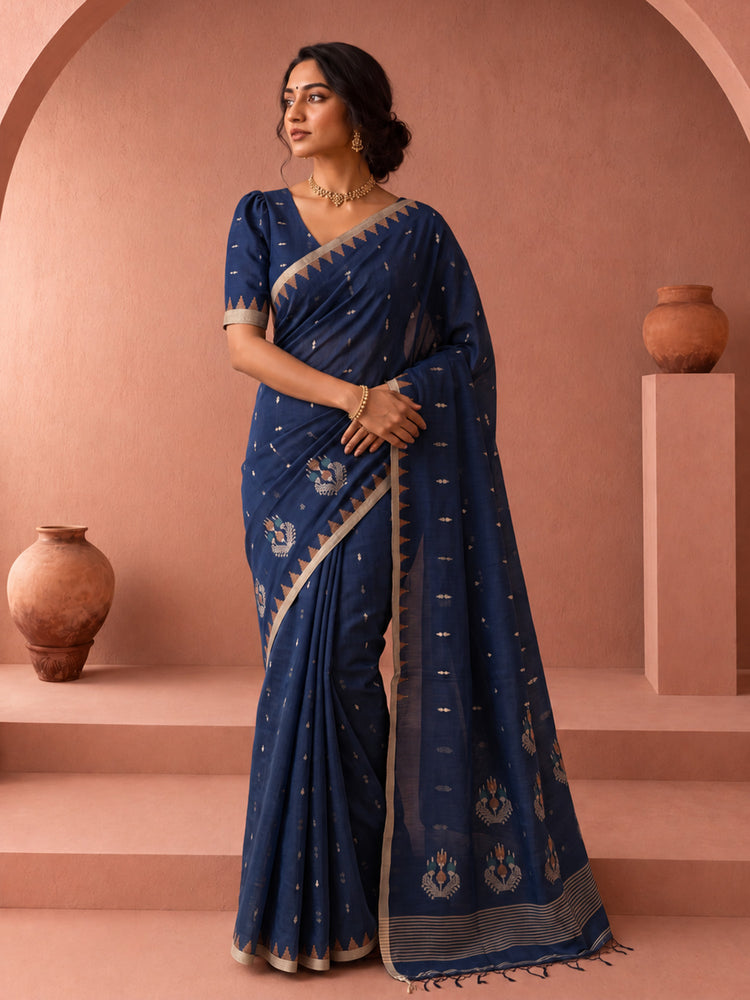 Soft cotton saree with all-over butti, rich pallu and multicolour Jamdani weave concept