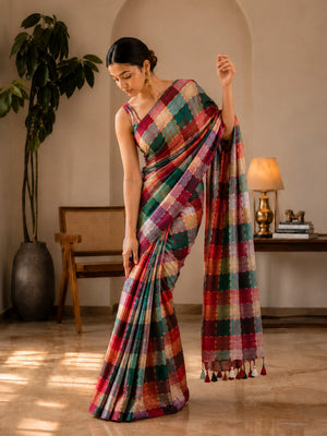 Mul Cotton Multi Iyena Zari Checks Saree