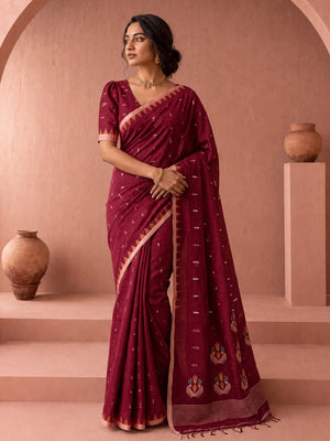 Soft cotton saree with all-over butti, rich pallu and multicolour Jamdani weave concept