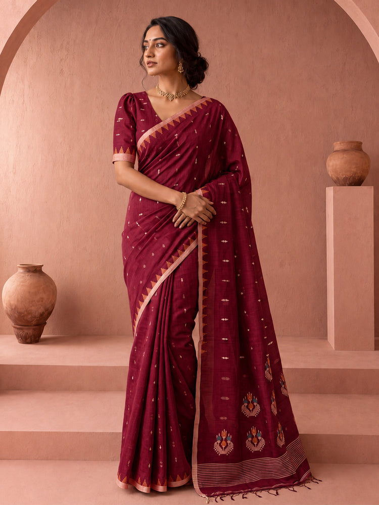 Soft cotton saree with all-over butti, rich pallu and multicolour Jamdani weave concept