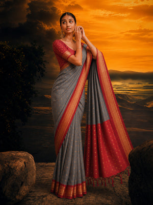 Minimal zari border saree with all-over butti and elegant woven pallu