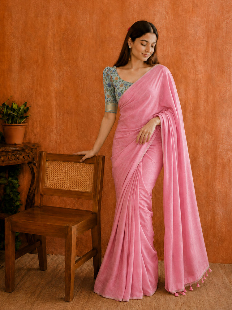 Soft cotton saree with plain body and fancy Kalamkari print contrast blouse
