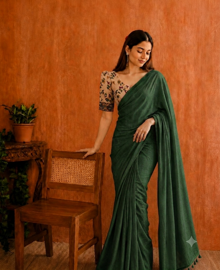 Soft cotton saree with plain body and fancy Kalamkari print contrast blouse