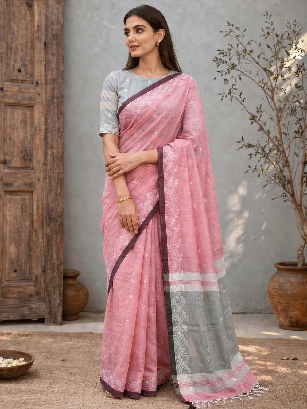 Woven Design Jute Cotton Handloom Jamdani Saree