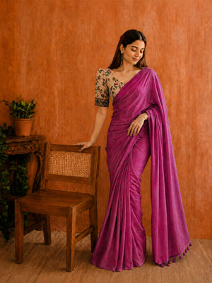 Soft cotton saree with plain body and fancy Kalamkari print contrast blouse