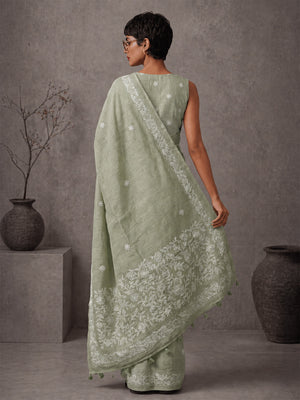 Embellished Embroidered Linen Blend Handloom Bhagalpuri Saree