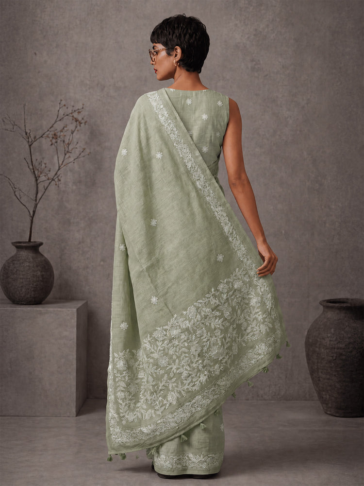 Embellished Embroidered Linen Blend Handloom Bhagalpuri Saree