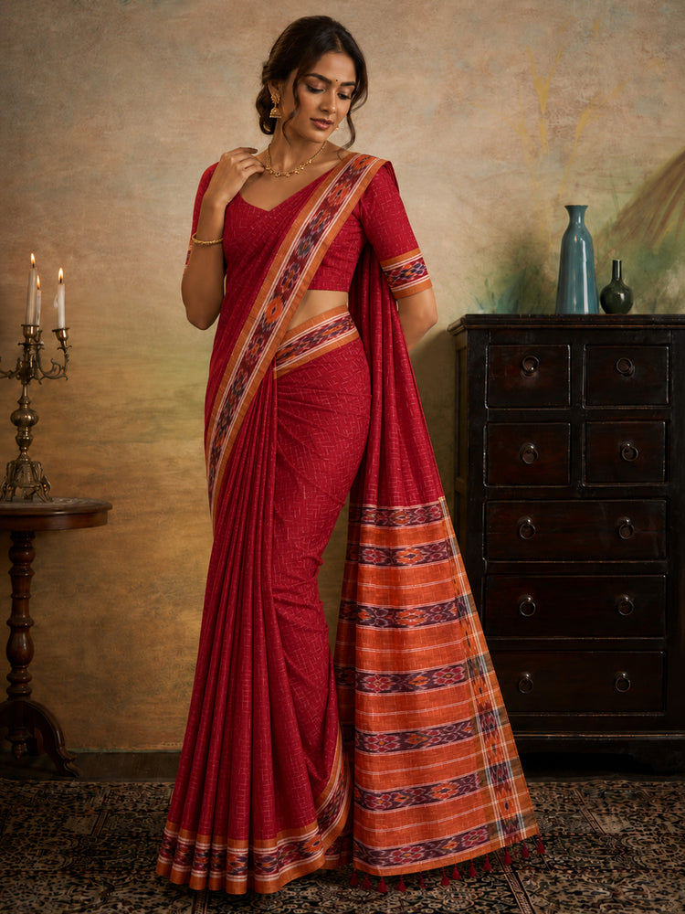 Soft cotton saree with body ikkat jharna checks weaving and double ikkat weave pallu