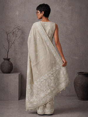 Embellished Embroidered Linen Blend Handloom Bhagalpuri Saree