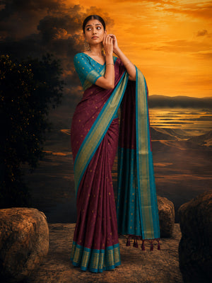 Minimal zari border saree with all-over butti and elegant woven pallu