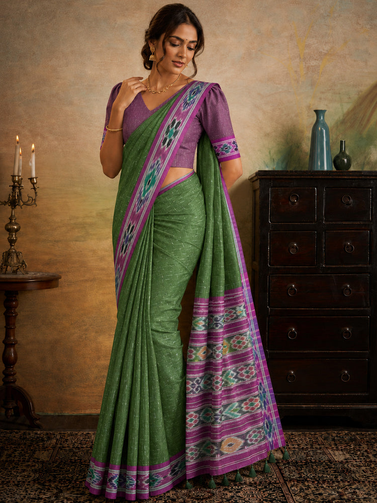 Soft cotton saree with body ikkat jharna checks weaving and double ikkat weave pallu