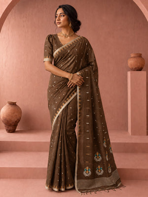 Soft cotton saree with all-over butti, rich pallu and multicolour Jamdani weave concept