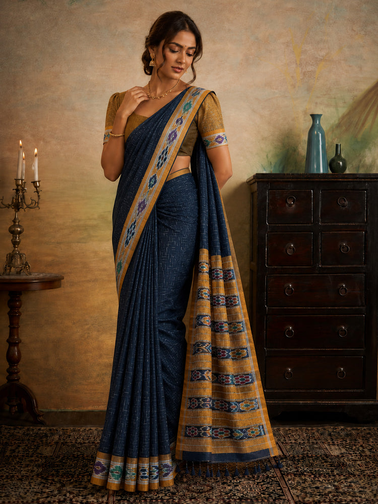 Soft cotton saree with body ikkat jharna checks weaving and double ikkat weave pallu