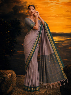 Minimal zari border saree with all-over butti and elegant woven pallu