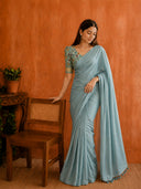 Soft cotton saree with plain body and fancy Kalamkari print contrast blouse