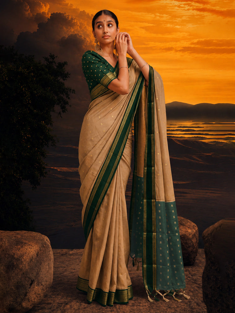 Minimal zari border saree with all-over butti and elegant woven pallu