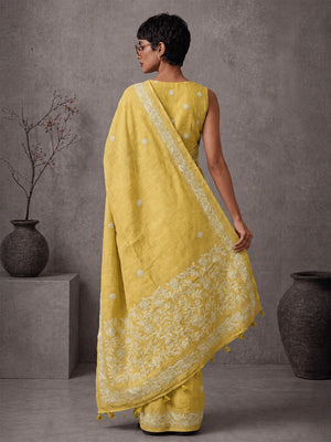 Embellished Embroidered Linen Blend Handloom Bhagalpuri Saree