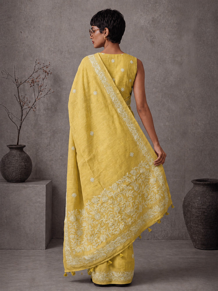 Embellished Embroidered Linen Blend Handloom Bhagalpuri Saree