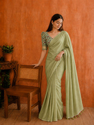 Soft cotton saree with plain body and fancy Kalamkari print contrast blouse