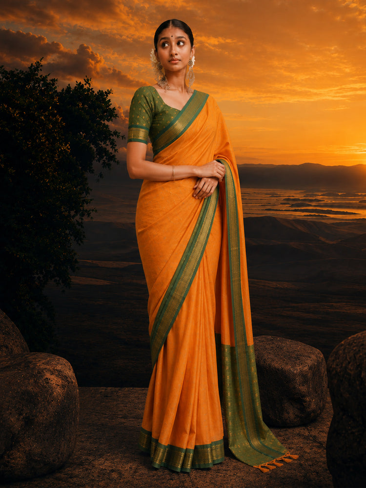 Minimal zari border saree with all-over butti and elegant woven pallu