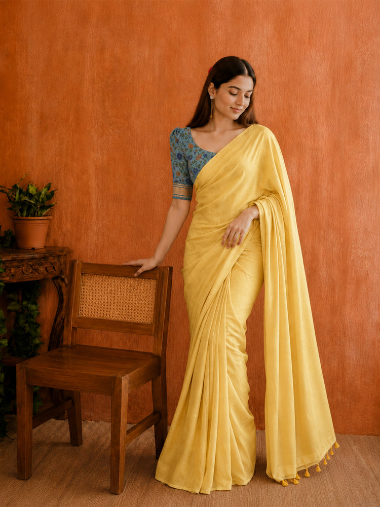 Soft cotton saree with plain body and fancy Kalamkari print contrast blouse