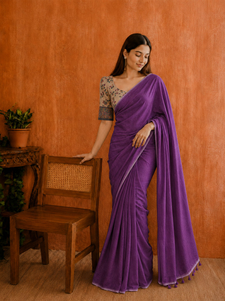 Soft cotton saree with plain body and fancy Kalamkari print contrast blouse