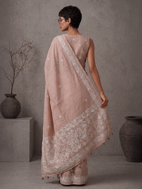Embellished Embroidered Linen Blend Handloom Bhagalpuri Saree