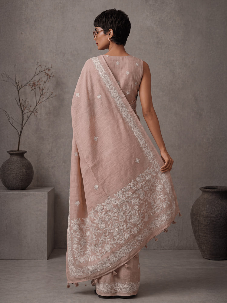 Embellished Embroidered Linen Blend Handloom Bhagalpuri Saree