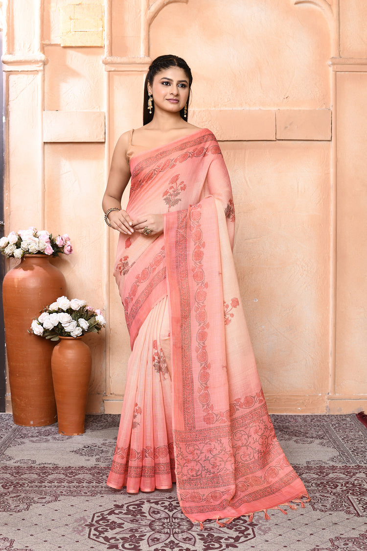 Linen Printaura Saree For Daily Wear