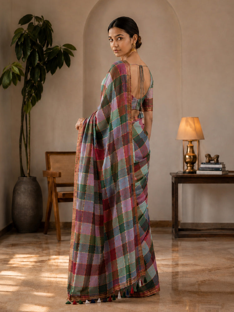 Mul Cotton Multi Iyena Zari Checks Saree