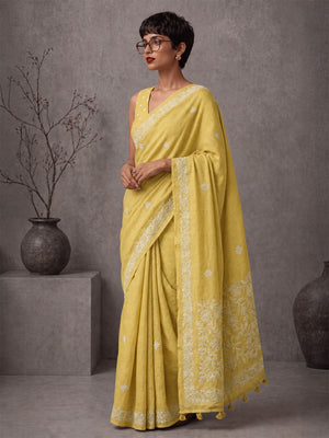 Embellished Embroidered Linen Blend Handloom Bhagalpuri Saree