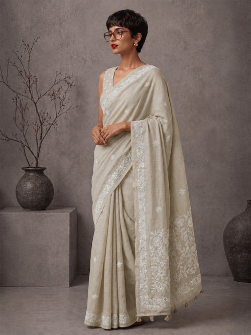 Embellished Embroidered Linen Blend Handloom Bhagalpuri Saree