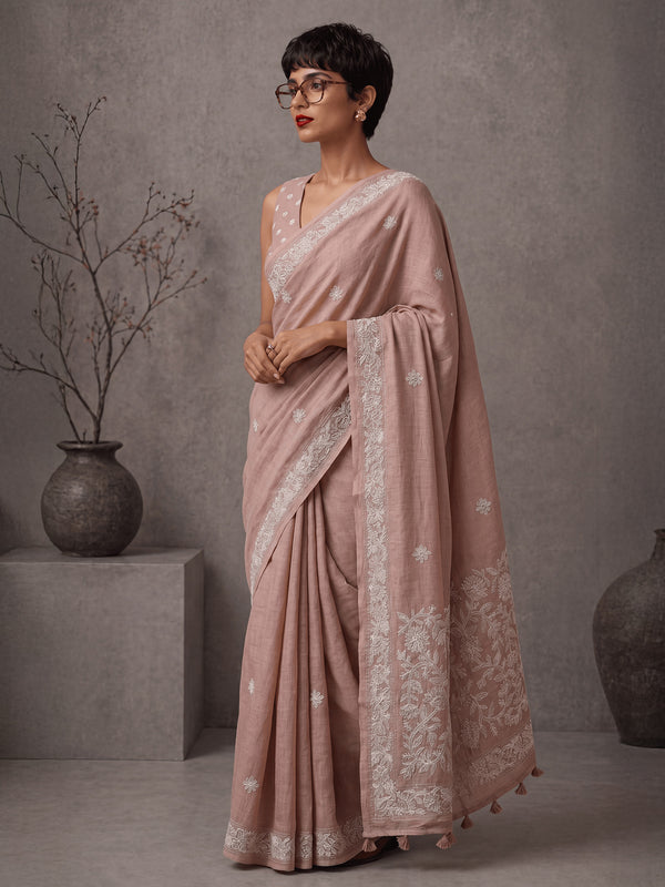 Embellished Embroidered Linen Blend Handloom Bhagalpuri Saree