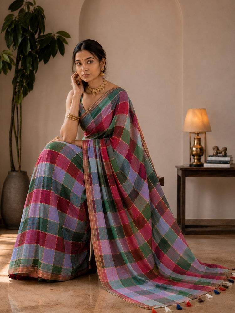 Mul Cotton Multi Iyena Zari Checks Saree