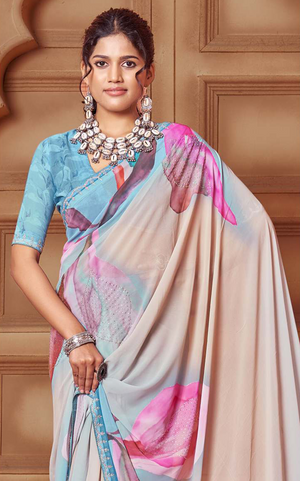 Elegant Beige Floral Digital Print Weightless Saree with Swarovski Detailing