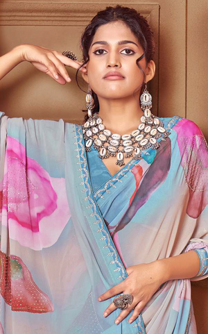 Elegant Beige Floral Digital Print Weightless Saree with Swarovski Detailing