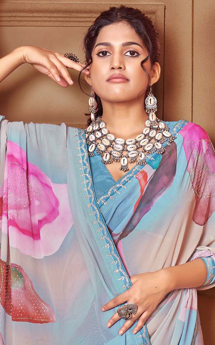 Elegant Beige Floral Digital Print Weightless Saree with Swarovski Detailing