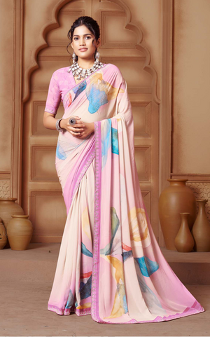 Elegant Beige Floral Digital Print Weightless Saree with Swarovski Detailing