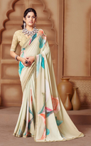 Elegant Beige Floral Digital Print Weightless Saree with Swarovski Detailing