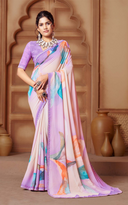 Elegant Beige Floral Digital Print Weightless Saree with Swarovski Detailing