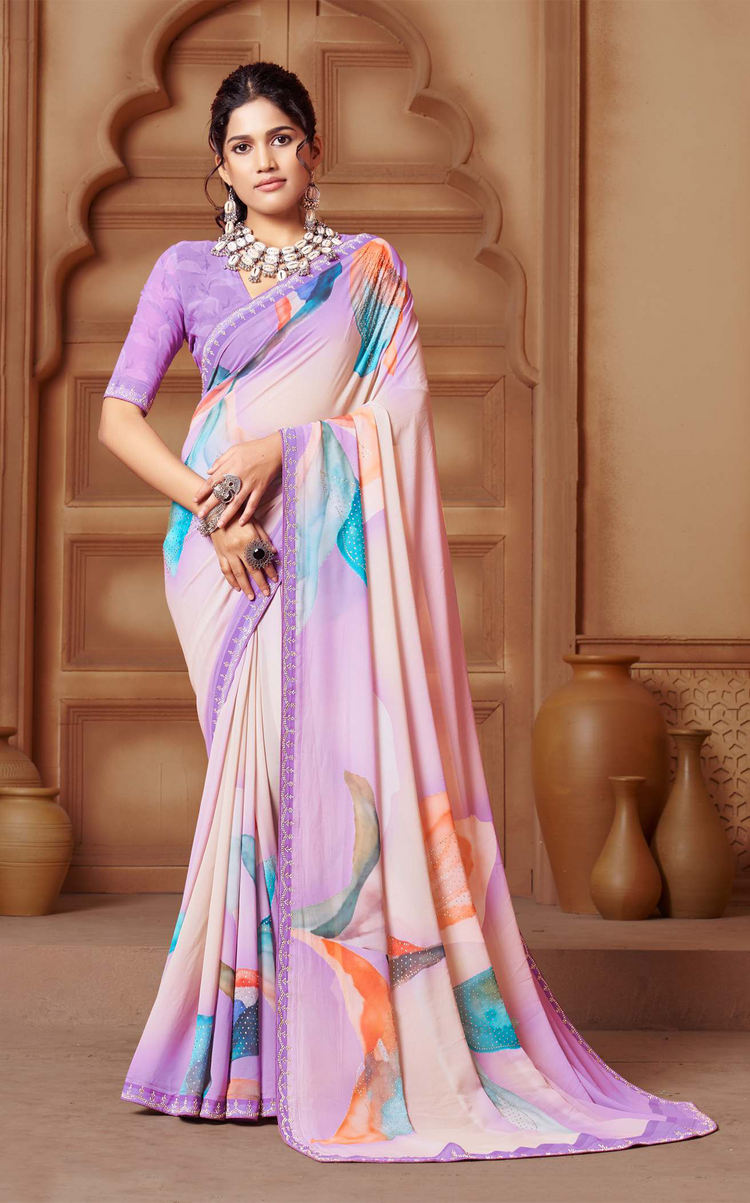 Elegant Beige Floral Digital Print Weightless Saree with Swarovski Detailing