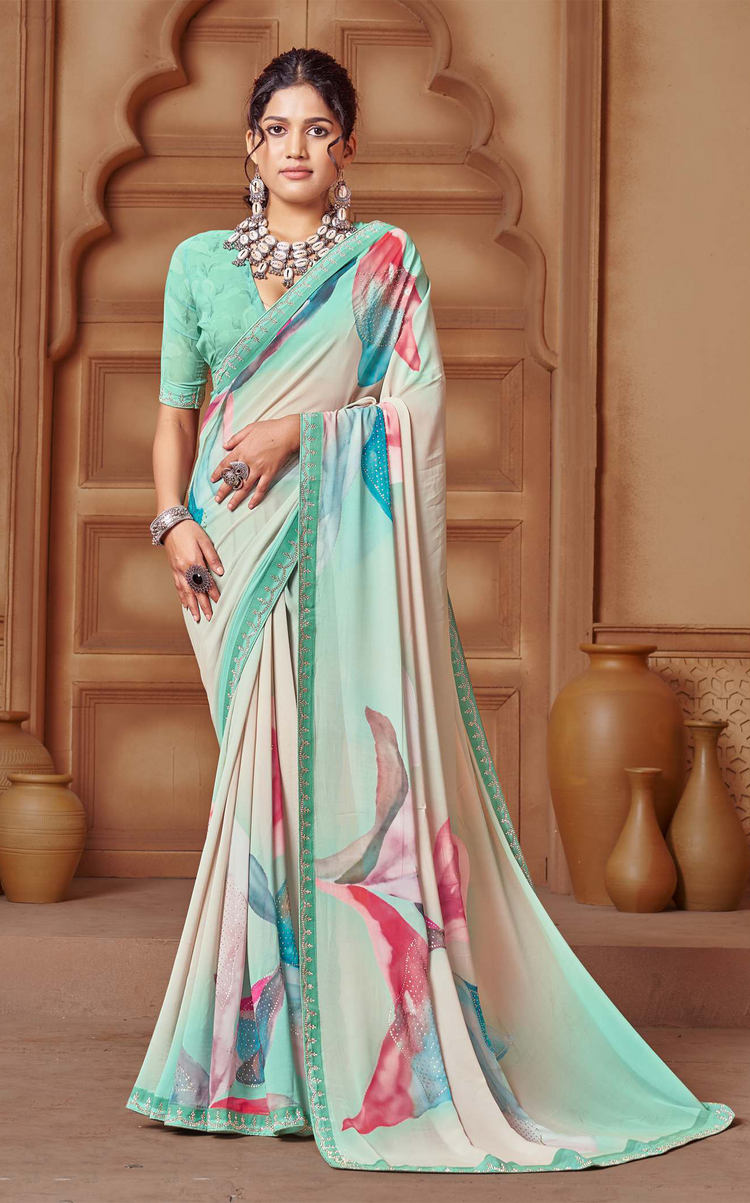 Elegant Beige Floral Digital Print Weightless Saree with Swarovski Detailing