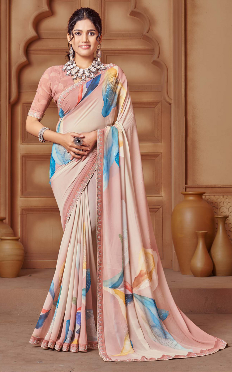 Elegant Beige Floral Digital Print Weightless Saree with Swarovski Detailing