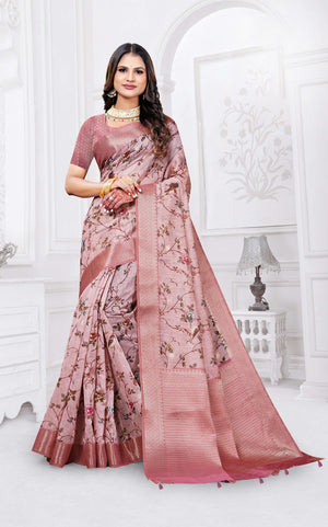 Floral Printed Silk Cotton Saree with Zari Woven Border