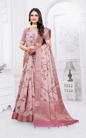 Floral Printed Silk Cotton Saree with Zari Woven Border