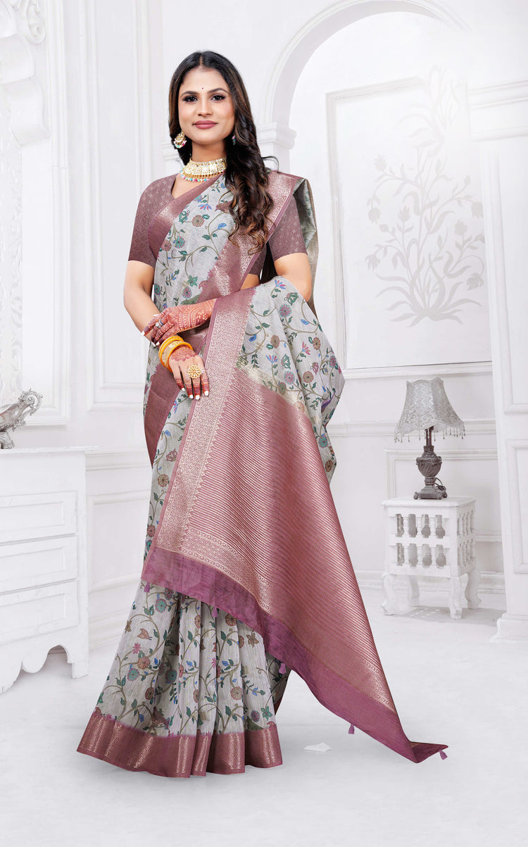 Floral Printed Silk Cotton Saree with Zari Woven Border